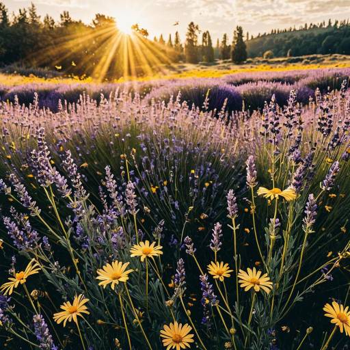 Sunlit Lavender Meadow with Golden Daisies