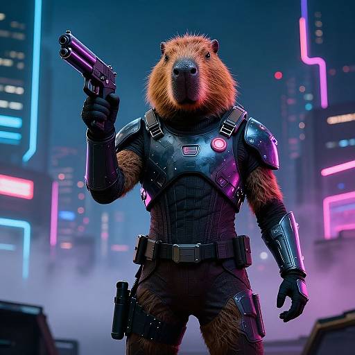 CGI image of a bear in futuristic black armor, holding a gun, standing in a neon-lit, cyberpunk cityscape.