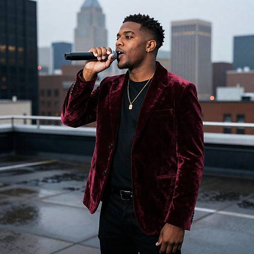 Streetwise Jazz Vocalist on Neon Rooftop