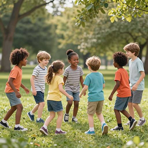 Photograph of six diverse, smiling children walking in a circle on a sunlit, green grassy park, surrounded by trees.