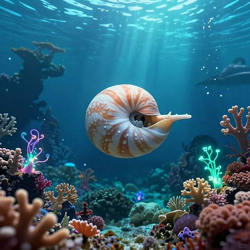 Photograph of a spiral-shelled sea snail swimming in a vibrant underwater coral reef, illuminated by blue light rays.