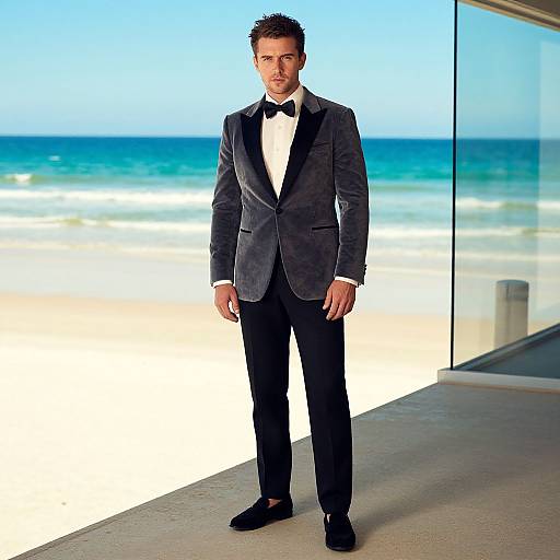 Photograph of a handsome man in a black velvet tuxedo with a white shirt and black bow tie, standing on a beachfront patio, ocean