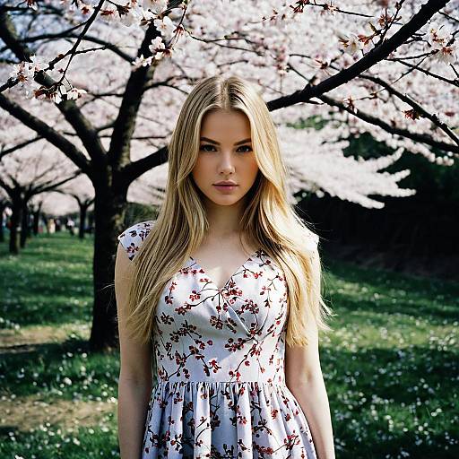 Blonde Woman in Floral Dress with Cherry Blossoms