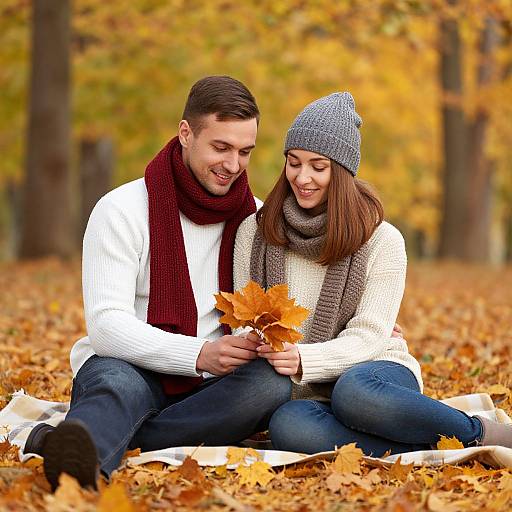 Photograph of a smiling couple sitting on a blanket in a forest, holding autumn leaves, wearing white sweaters, dark scarves, and gray hats