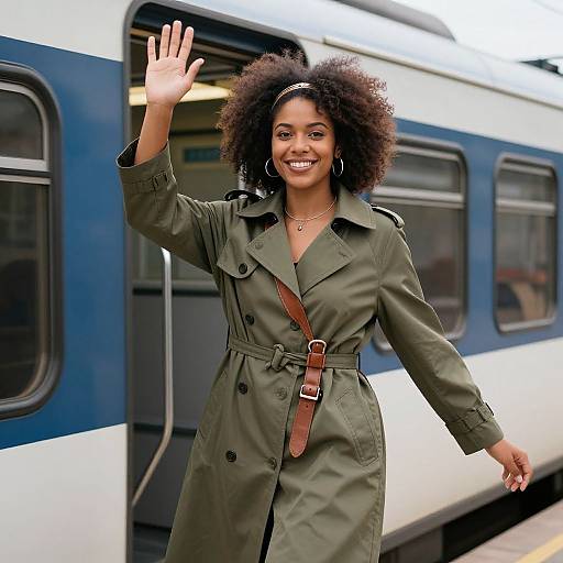 Photograph of a smiling Black woman with curly hair, wearing an olive green trench coat with brown belt, waving at a blue and white train.