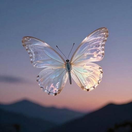 Photograph of a glowing white butterfly with iridescent wings, illuminated against a twilight sky transitioning from pink to blue. Silhouetted mountains in