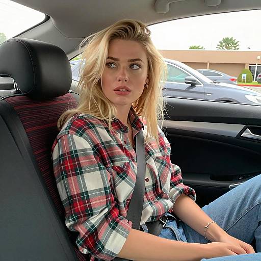 Blonde Woman Sitting in Car Back Seat
