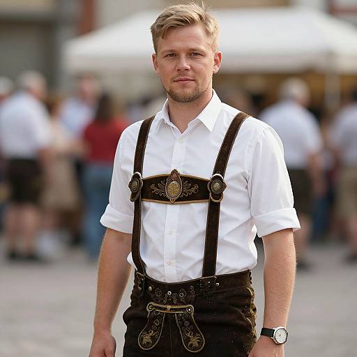 Photograph of a handsome, fair-skinned man with short blond hair, wearing a white shirt, black leather suspenders, and brown Bavarian-style