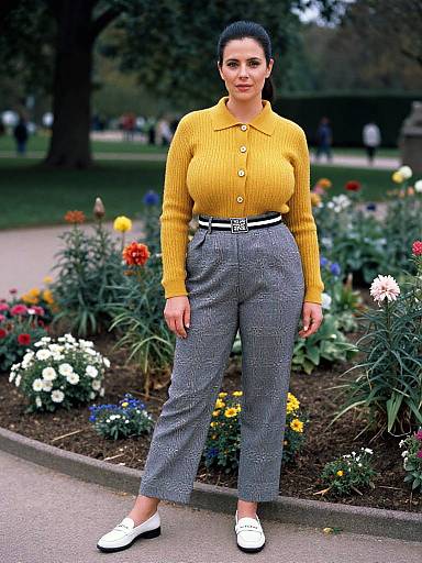 Photograph of a confident woman with dark hair, wearing a yellow ribbed cardigan, high-waisted gray checkered pants, white loafers