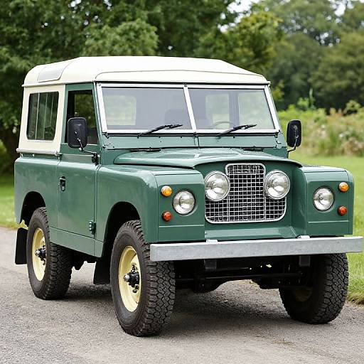 Photograph of a vintage green and white Land Rover Defender with large black tires, driving on a gravel road in a lush, green forest setting.
