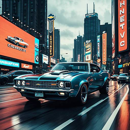 Futuristic Muscle Car in Retro Cityscape