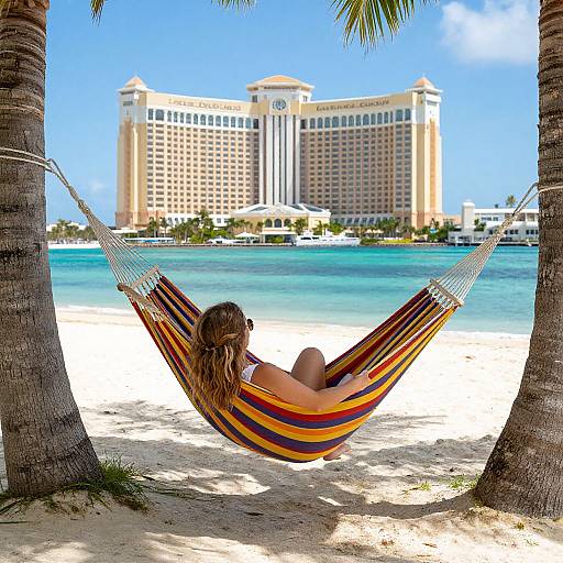 Photograph: Woman with wavy brown hair in yellow-striped hammock, back to camera, facing ocean and tall beige hotel, tropical beach, palm