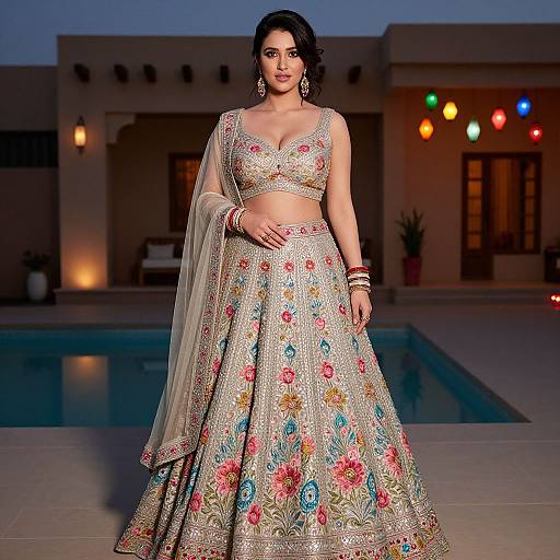 Photograph of a beautiful South Asian woman in a floral-embroidered lehenga choli with a sheer dupatta, standing by a pool at