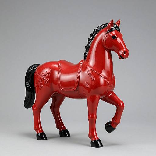 Photograph of a shiny red plastic horse with black mane and tail, detailed saddle, and black hooves, standing on a light gray background.