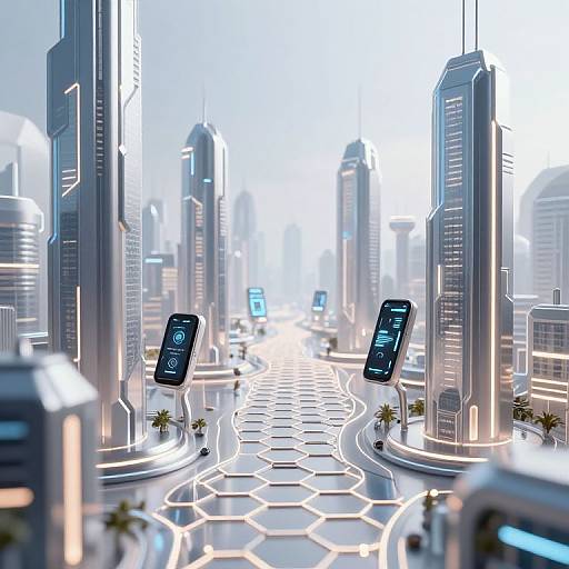 Digital CGI of a futuristic cityscape with glowing skyscrapers, hexagonal road patterns, and hovering smart screens displaying blue interfaces.
