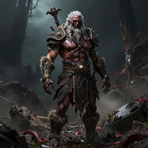 Digital art of a muscular, white-bearded warrior with red skin, wearing dark, spiked armor and fur, standing in a dark, misty forest