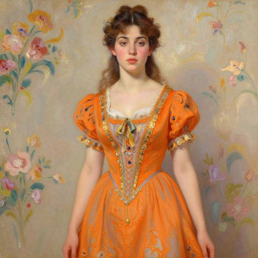 Digital painting of a young woman with wavy brown hair, wearing an orange dress with gold trim and lace, standing against a floral background.
