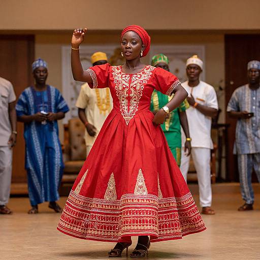 Photograph of a Black woman in a vibrant red, intricately embroidered dress, standing confidently on a stage, surrounded by men in various traditional attire.