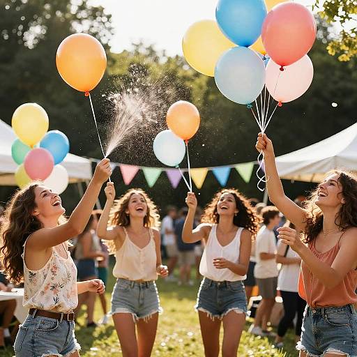 Women Popping Balloons at Vibrant Party
