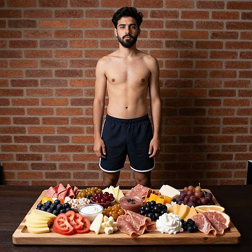 Photograph of a shirtless, bearded man with dark hair, black shorts, standing in front of a brick wall, facing a wooden board with