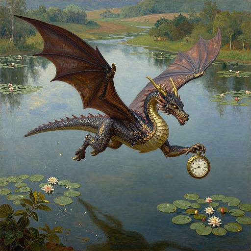 Digital painting of a black and gold dragon with purple wings flying over a serene pond, holding a vintage clock in its claws. Lilies and lily