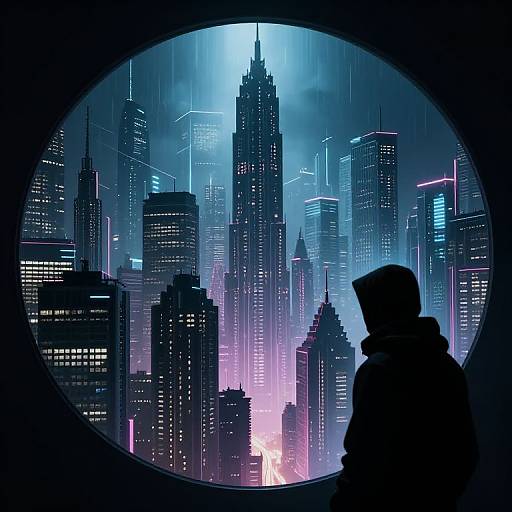 Cyberpunk Oval Cityscape with Hacker