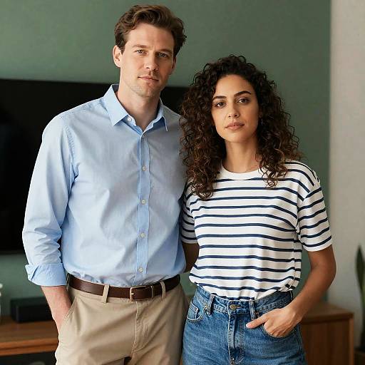 Photograph of a white man with short brown hair in a light blue shirt and beige pants, standing beside a woman with curly dark hair in a black