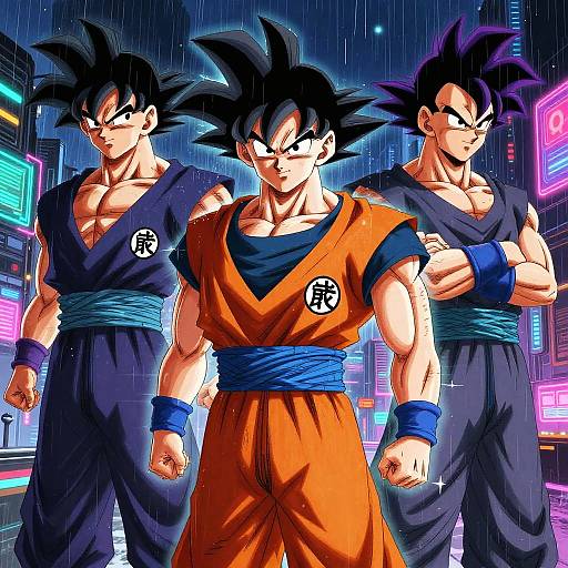 Digital art of three muscular, spiky-haired, anime-style Super Saiyans in a neon-lit, rainy city. Front Saiyan in orange