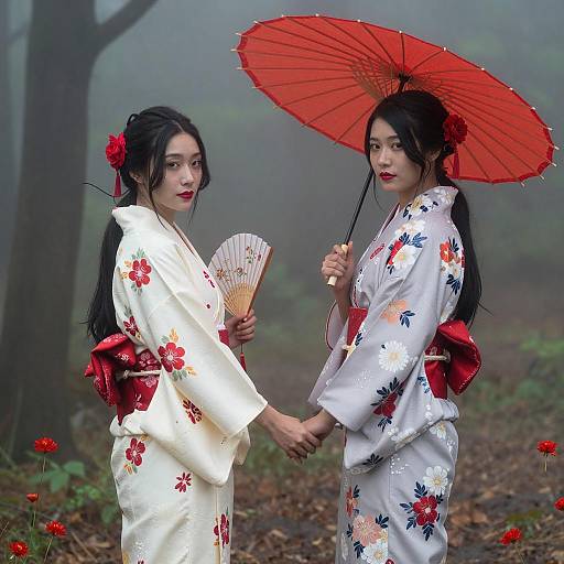 Elegant Asian Women in Foggy Forest
