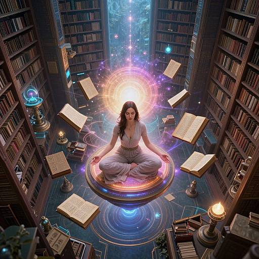 Digital artwork of a serene woman meditating in a mystical library, surrounded by glowing books and magical circular light.