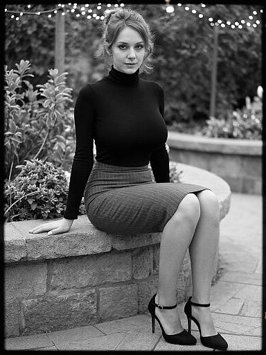 Black-and-white photograph of a young woman with light hair in a bun, wearing a black turtleneck and checkered skirt, sitting on a stone