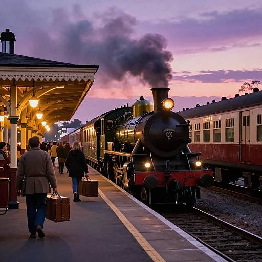 Photograph of a vintage steam train at sunset, passengers with luggage on platform, station lit by warm lights, purple and pink sky.