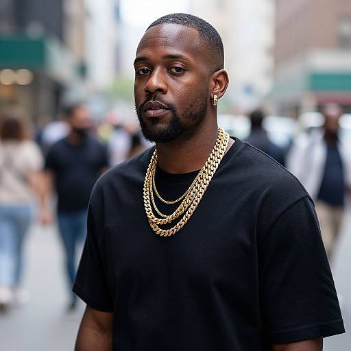 Photograph of a confident, Black man with a short beard and shaved head, wearing a black t-shirt and layered gold chains, standing in a blurred