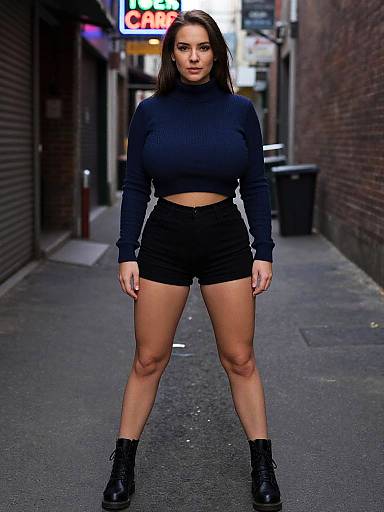 Photograph of a confident woman with dark hair, wearing a black crop top and shorts, standing on a narrow urban alley. She has black boots and