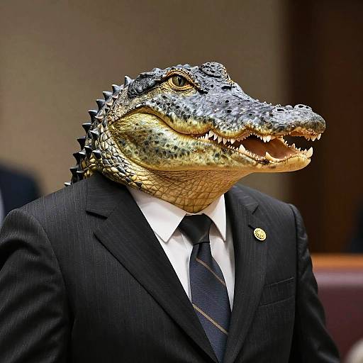 Photograph of a humanoid alligator in a black pinstripe suit with a white shirt and black tie, wearing a gold pin, with a serious