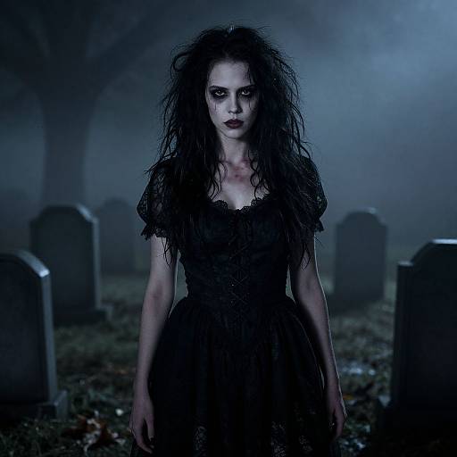 Photograph of a pale, dark-haired woman with wild hair, wearing a black lace dress, standing in a foggy, moonlit cemetery with tomb