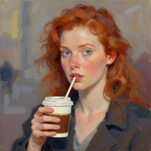 Digital painting of a fair-skinned, red-haired woman with blue eyes, drinking from a white-capped coffee cup with a straw, wearing a black