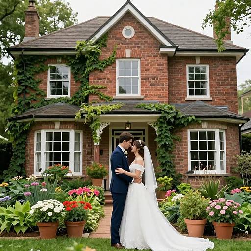 Photograph of a bride in a white strapless gown and veil, and groom in a navy suit, standing in front of a red-brick,