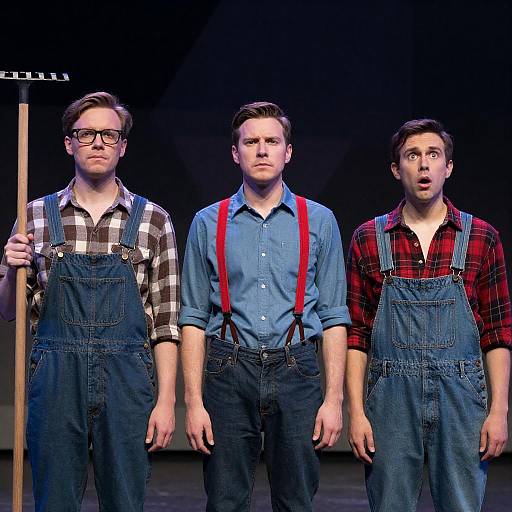 Three Men in Overalls on Stage