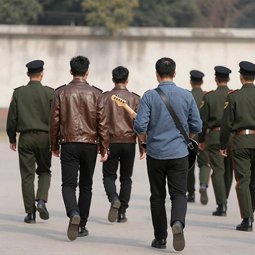 Men with Electric Guitar Among Soldiers