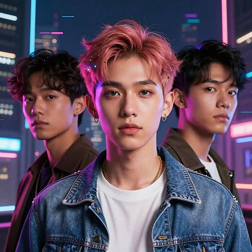 Photograph of three Asian men with neon cityscape background, pink and blue lights; central man with pink hair, denim jacket, white tee, e