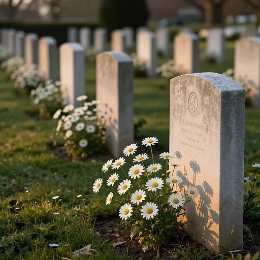 Photograph of a sunlit cemetery with white daisy flowers in front of gray headstones, casting long shadows on a grassy lawn.