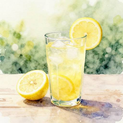 Watercolor-style drawing of a glass with lemon slices, one in the drink and one on the wooden table, against a green, sunlit background.