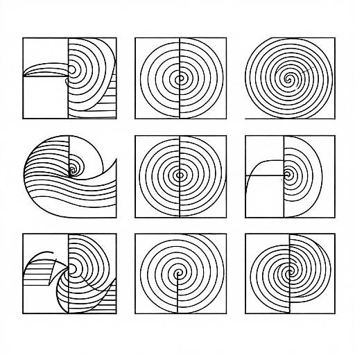Black-and-white digital drawing of nine geometric patterns with concentric circles and divided squares, arranged in a 3x3 grid.