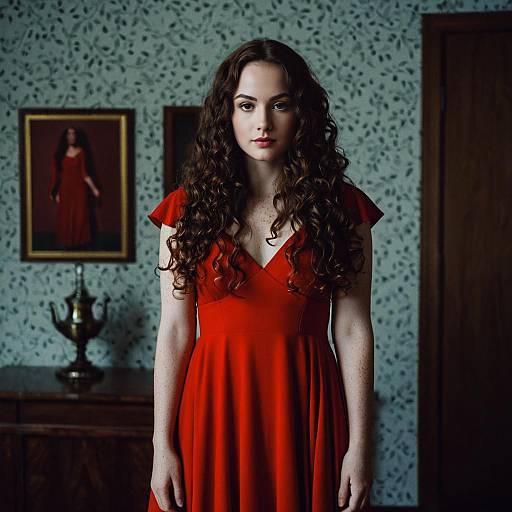 Woman in Red Dress with Curly Hair Indoors
