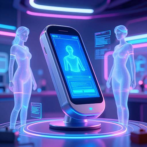 Digital art: Neon-lit futuristic scene with a glowing smartphone displaying a holographic woman, flanked by transparent wireframe female holograms.