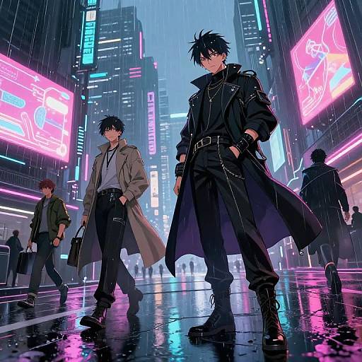 Digital anime-style artwork depicting two black-haired men in a neon-lit, rainy city street, one in a long coat, the other in a jacket