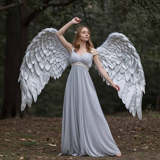 Photograph of a fair-skinned woman with long brown hair, wearing a flowing silver gown and large, white feathered angel wings, standing in a