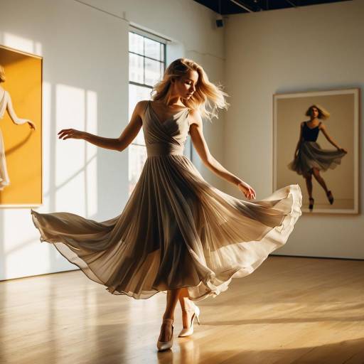 Female Dancer in Flowing Chiffon Dress in Art Gallery