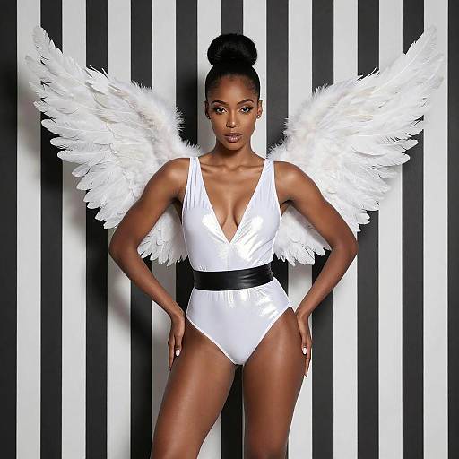 Black Woman in White Metallic Swimsuit with Feather Wings